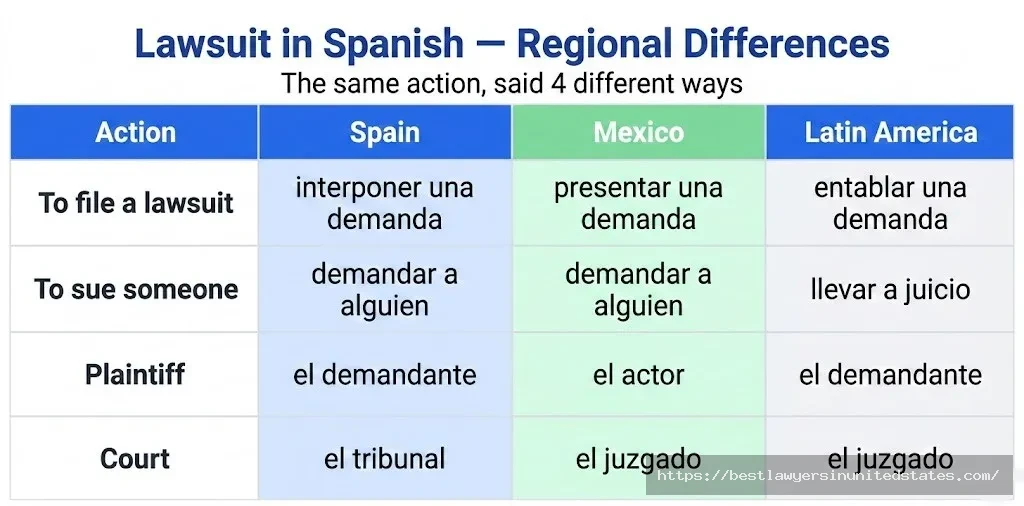 Regional Spanish legal terms comparison Spain uses interponer, Mexico uses presentar, Latin America uses entablar una demanda