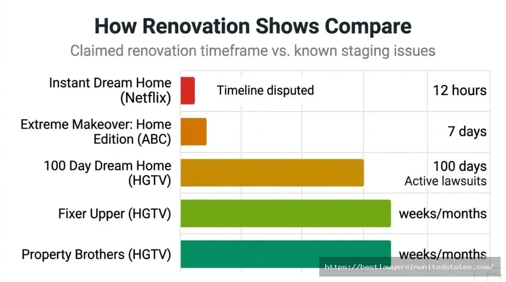 Renovation show comparison chart — Instant Dream Home vs HGTV and ABC competitors by claimed timeframe