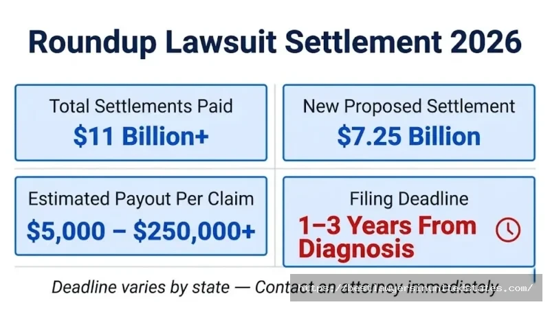 Roundup lawsuit 2026 overview $7.25B proposed settlement, $11B already paid, payouts up to $250,000