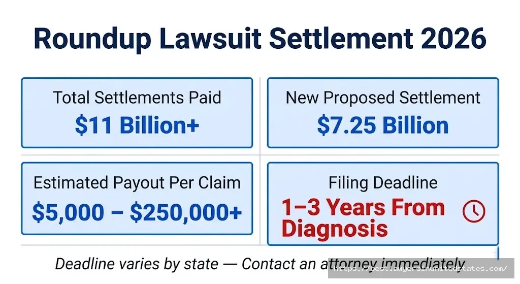 Roundup lawsuit 2026 overview $7.25B proposed settlement, $11B already paid, payouts up to $250,000