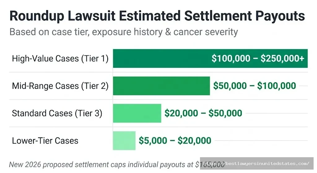 Roundup lawsuit settlement payout chart showing compensation tiers ranging from $5,000 up to $250,000 or more