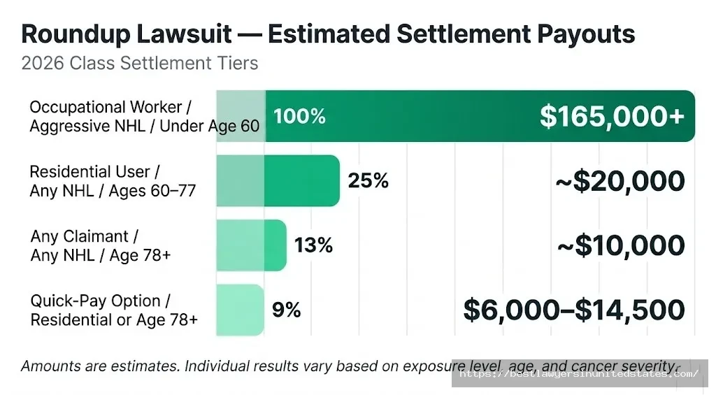 Roundup settlement payout chart showing tiers from $6,000 Quick-Pay to $165,000+ for occupational claimants