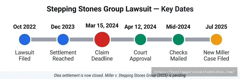 Stepping Stones Group lawsuit timeline from 2022 filing through 2024 settlement approval and 2025 Miller case