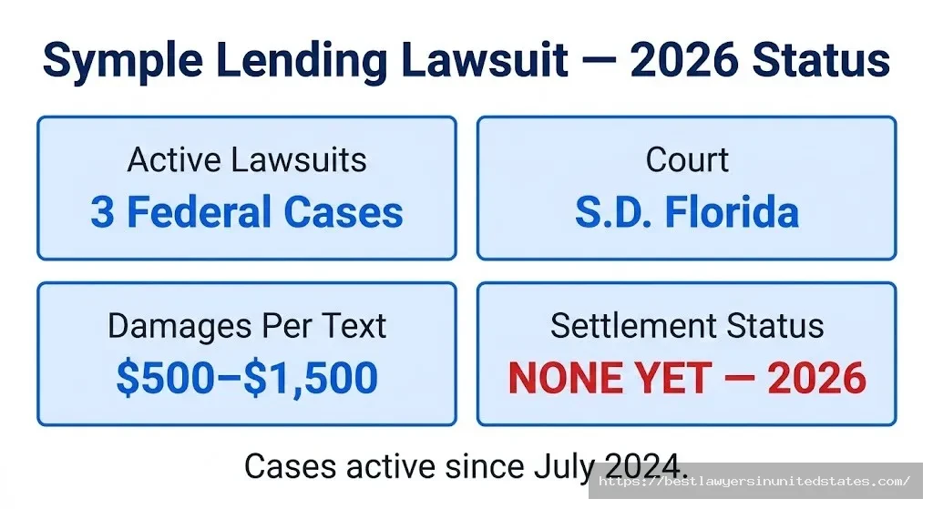 Symple Lending lawsuit overview — 3 active federal TCPA cases, $500–$1,500 per violation, no settlement as of 2026