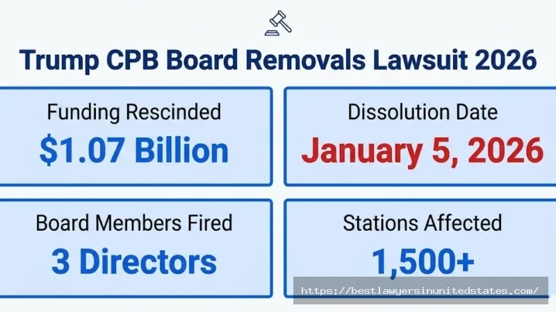 Trump CPB board removals lawsuit overview $1.07B rescinded, January 2026 dissolution, 3 fired directors, 1500+ stations affected