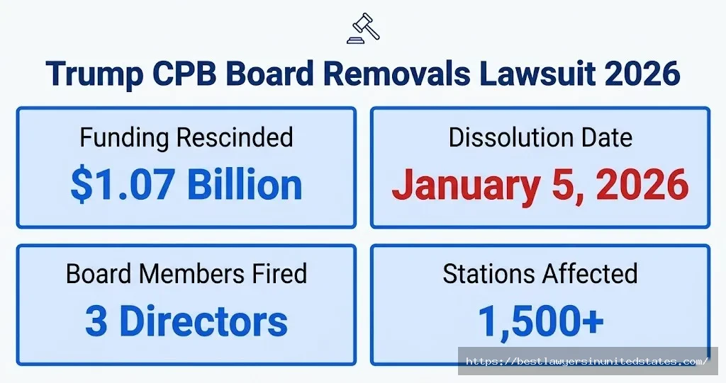 Trump CPB board removals lawsuit overview $1.07B rescinded, January 2026 dissolution, 3 fired directors, 1500+ stations affected