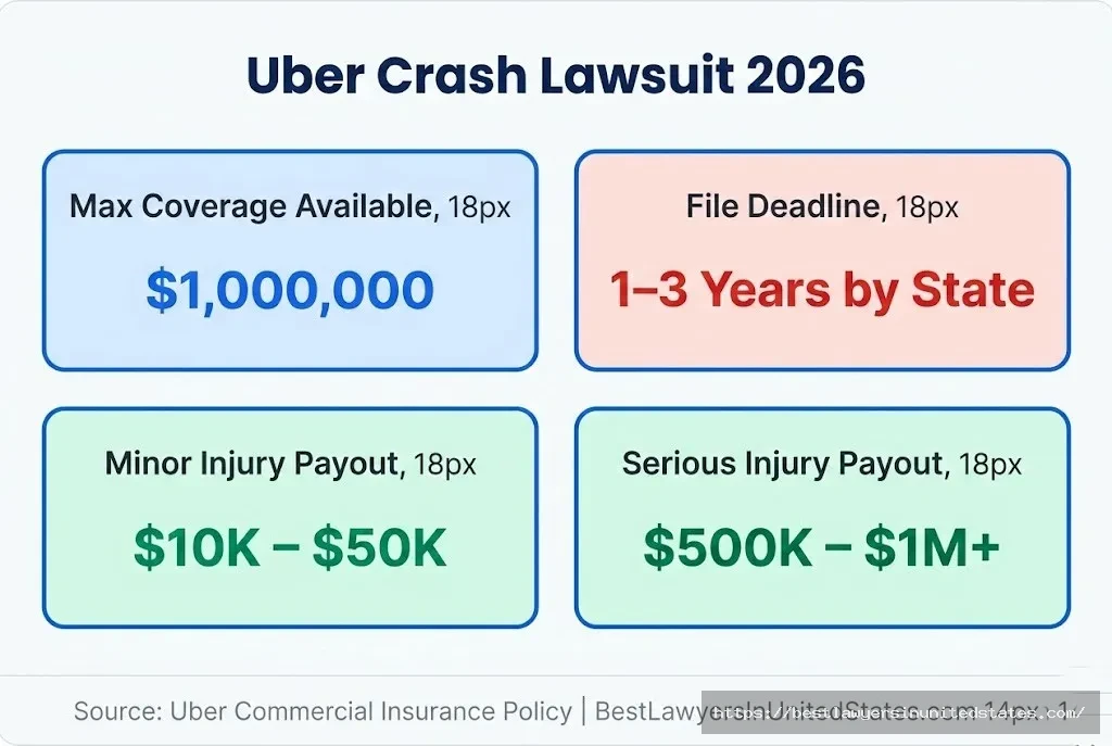 Uber crash lawsuit 2026 overview $1M coverage, $10K–$1M+ payouts, state deadlines 1–3 years