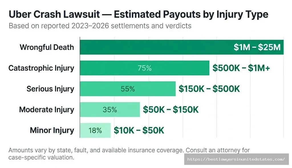 Uber crash lawsuit payout chart minor injury $10K–$50K up to wrongful death $1M–$25M