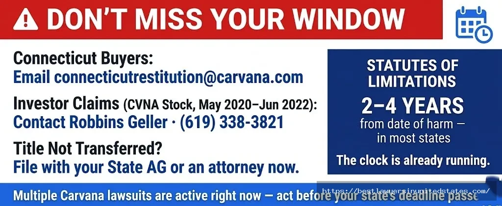 Urgent alert Carvana claim action required — CT restitution, investor claims (2020–2022), and title issues have time limits.