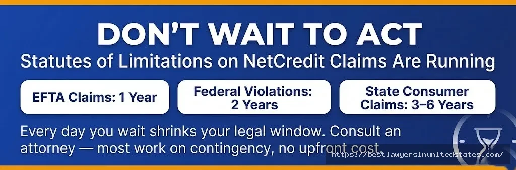 Urgent notice NetCredit lawsuit claim windows are limited — EFTA 1 year, federal violations 2 years, state claims 3–6 years