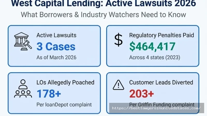 West Capital Lending lawsuit overview 3 active cases, $464K penalties paid, 178+ LOs allegedly poached in 2026