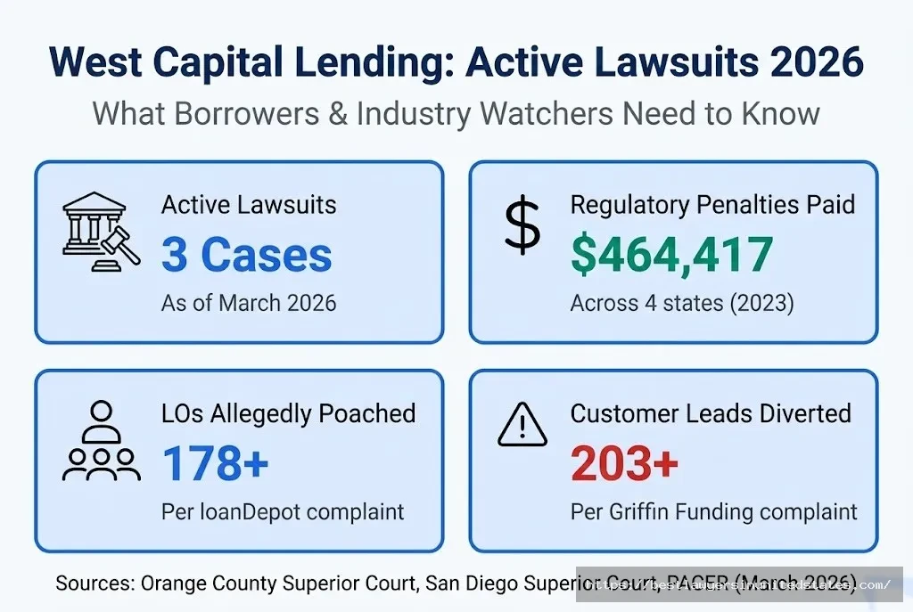 West Capital Lending lawsuit overview 3 active cases, $464K penalties paid, 178+ LOs allegedly poached in 2026