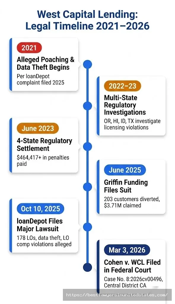West Capital Lending legal timeline 2021–2026 showing regulatory settlements and 3 active lawsuits including loanDepot and Cohen cases