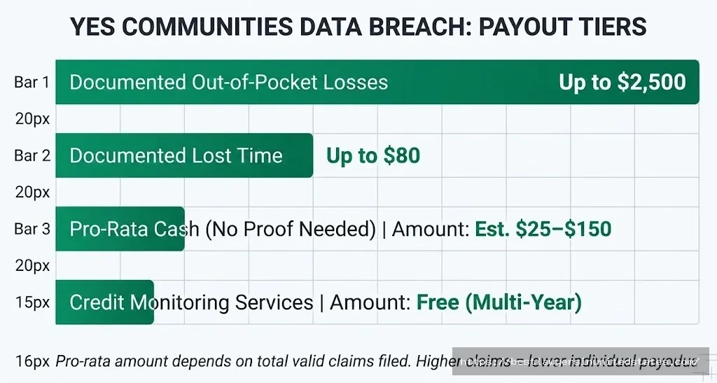 Yes Communities data breach payouts up to $2,500 documented losses, $80 lost time, est. $25–$150 cash, free credit monitoring