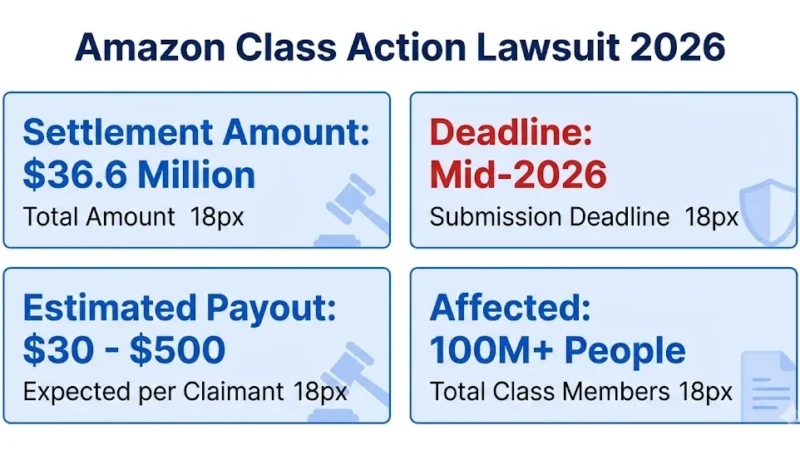 Amazon class action lawsuit 2026 settlement overview infographic with payout and deadline details