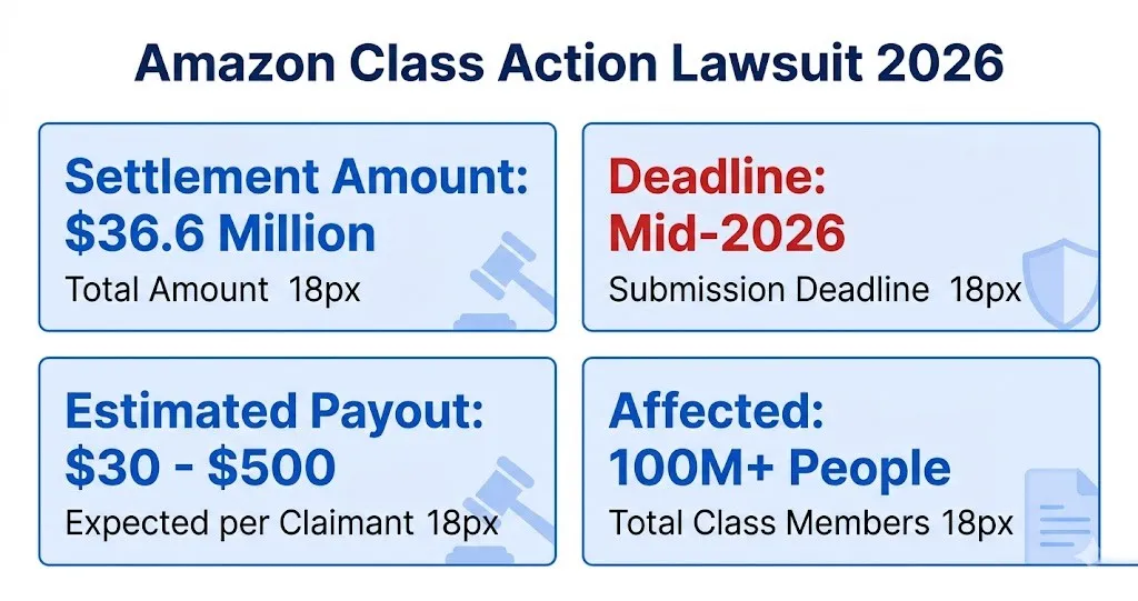 Amazon class action lawsuit 2026 settlement overview infographic with payout and deadline details