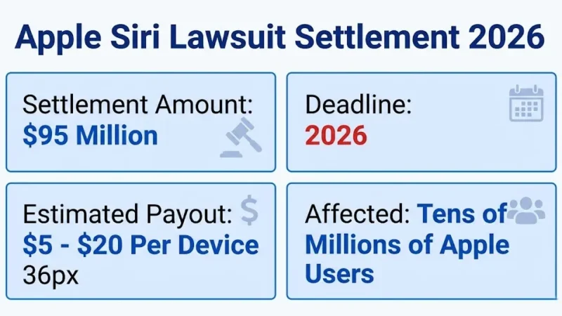 Apple Siri lawsuit settlement overview showing $95M fund and payout details for 2026