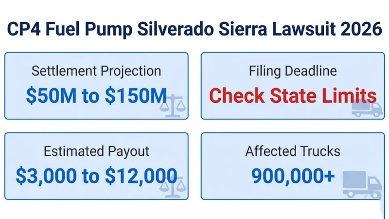 CP4 fuel pump Silverado Sierra lawsuit 2026 infographic showing settlement and payout estimates