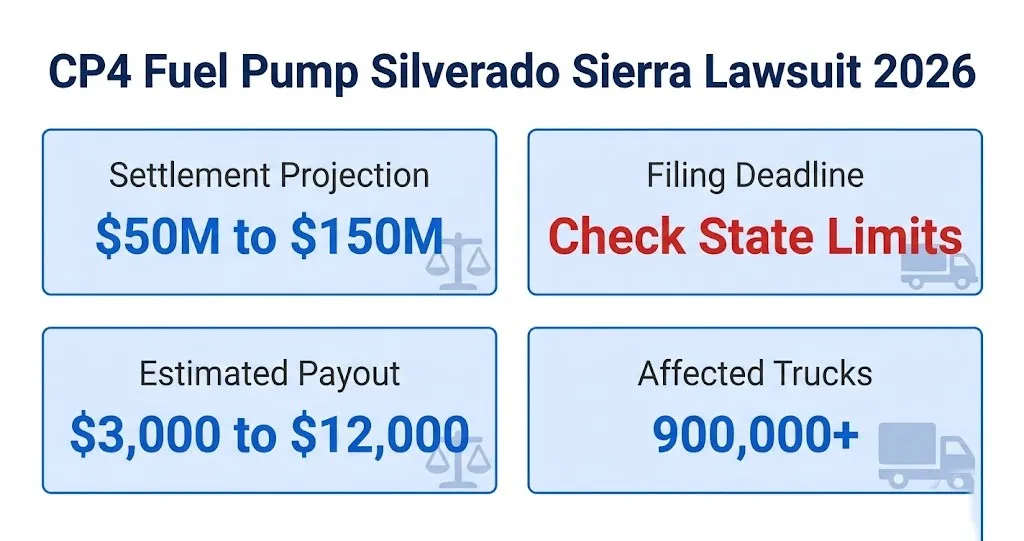 CP4 fuel pump Silverado Sierra lawsuit 2026 infographic showing settlement and payout estimates