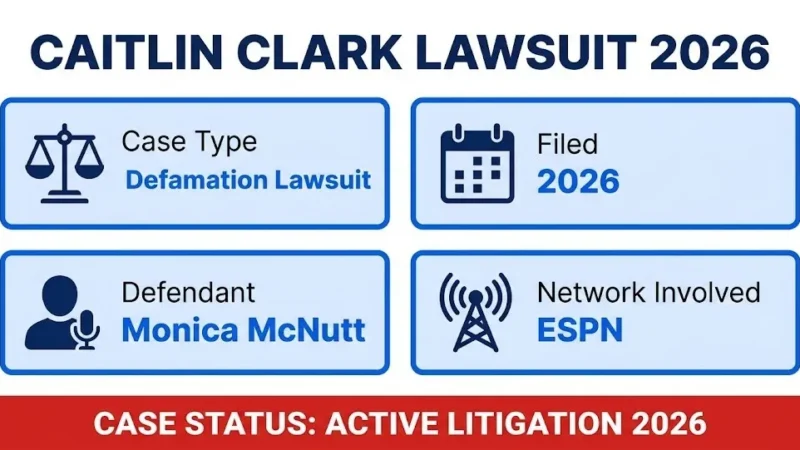 Caitlin Clark lawsuit 2026 overview infographic showing defamation case against Monica McNutt and ESPN