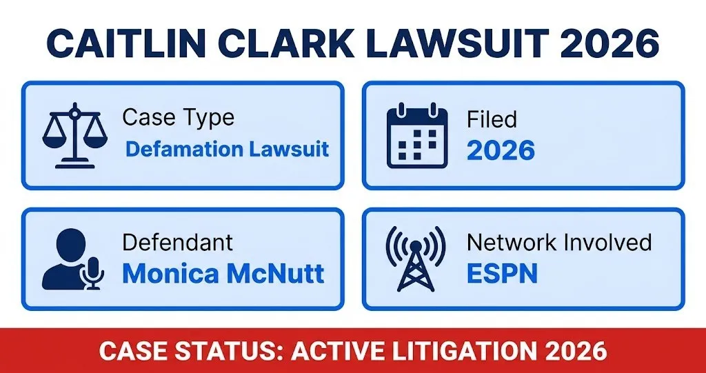 Caitlin Clark lawsuit 2026 overview infographic showing defamation case against Monica McNutt and ESPN