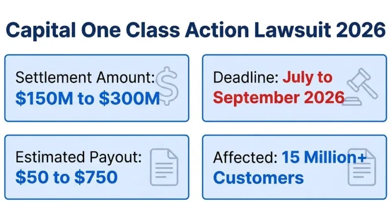 Capital One class action lawsuit 2026 settlement infographic showing $300M fund and payout details