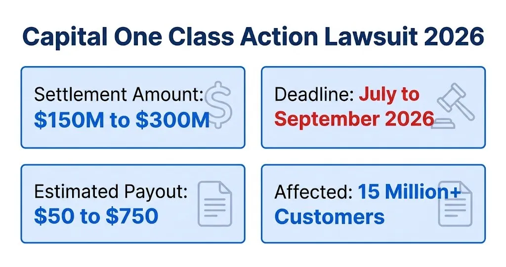 Capital One class action lawsuit 2026 settlement infographic showing $300M fund and payout details