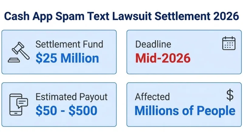Cash app spam text lawsuit settlement overview with $25M fund and $50-$500 payout range for 2026