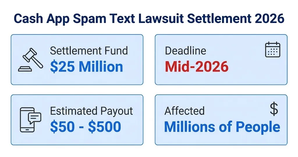 Cash app spam text lawsuit settlement overview with $25M fund and $50-$500 payout range for 2026