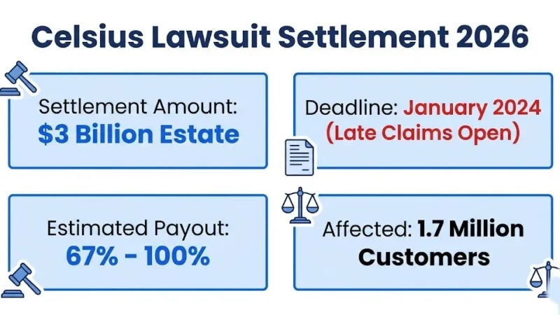 Celsius lawsuit 2026 settlement overview showing $3B estate and 67-100% payout range
