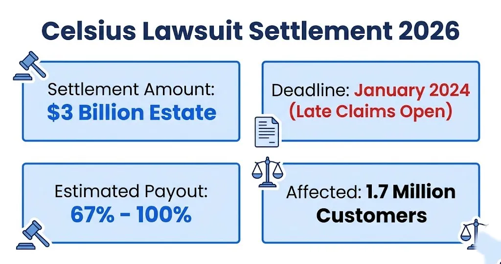 Celsius lawsuit 2026 settlement overview showing $3B estate and 67-100% payout range