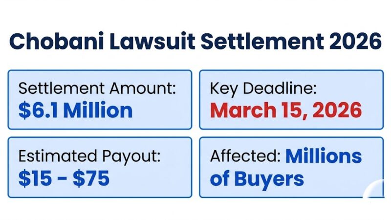 Chobani lawsuit settlement infographic showing $6.1M fund, March 2026 deadline, $15-$75 payouts