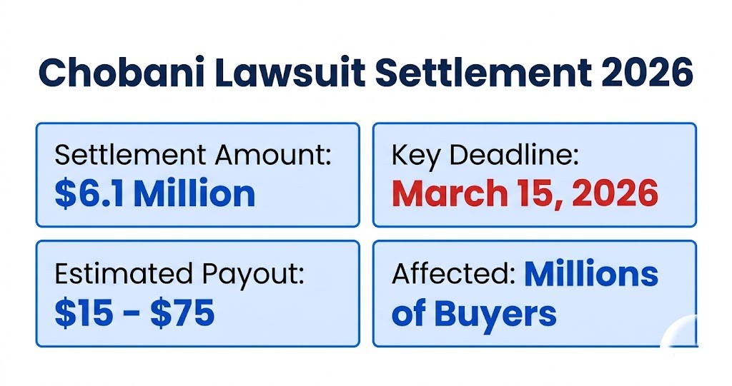 Chobani lawsuit settlement infographic showing $6.1M fund, March 2026 deadline, $15-$75 payouts