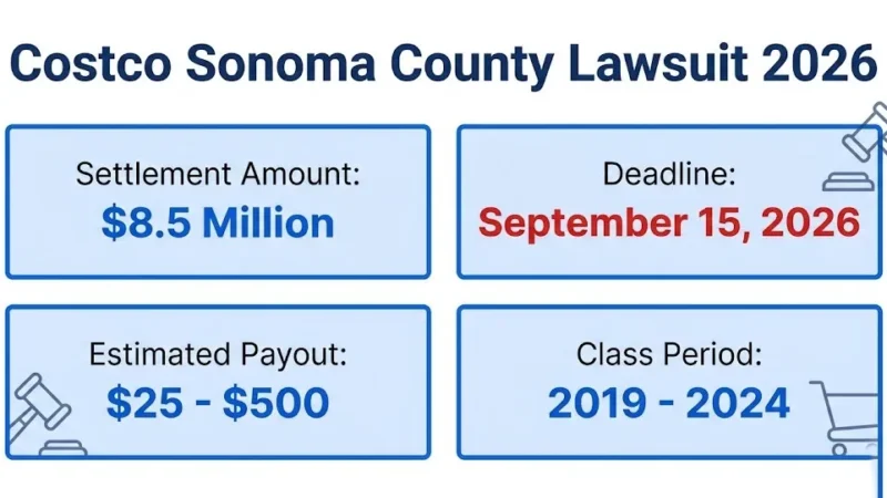 Costco Sonoma County lawsuit 2026 settlement infographic showing $8.5M fund and deadlines