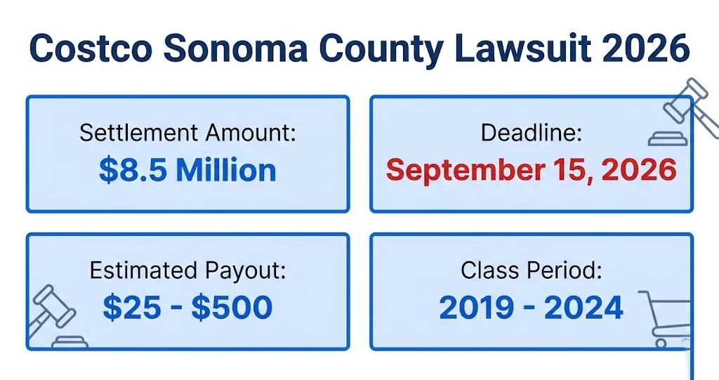 Costco Sonoma County lawsuit 2026 settlement infographic showing $8.5M fund and deadlines