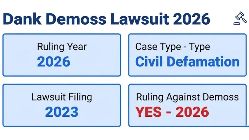 Dank Demoss lawsuit 2026 case overview infographic showing civil defamation ruling, timeline 2023-2026, verdict against Demoss