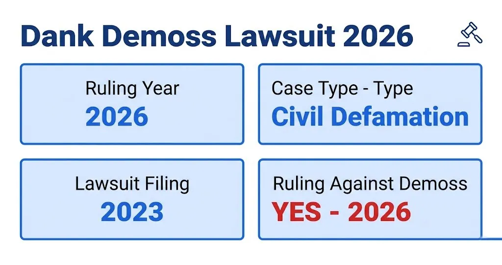Dank Demoss lawsuit 2026 case overview infographic showing civil defamation ruling, timeline 2023-2026, verdict against Demoss