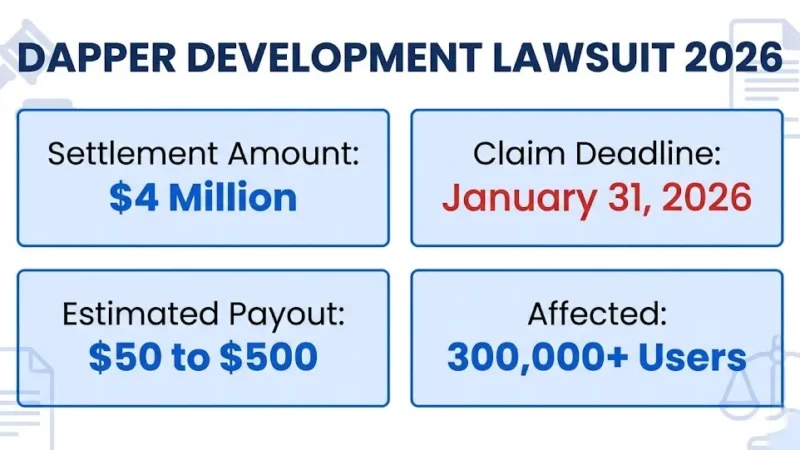 Dapper development lawsuit 2026 settlement infographic showing $4M fund and payout details