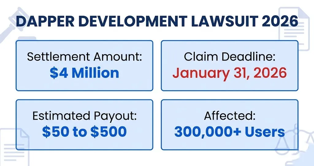 Dapper development lawsuit 2026 settlement infographic showing $4M fund and payout details