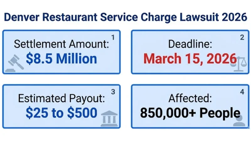 Denver restaurant service charge lawsuit overview showing $8.5M settlement fund and March 2026 deadline