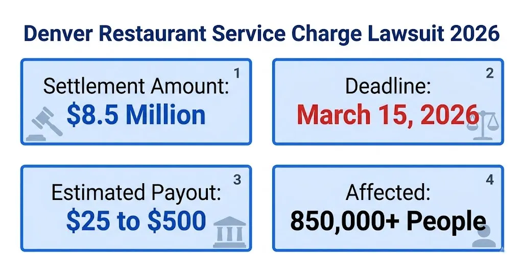 Denver restaurant service charge lawsuit overview showing $8.5M settlement fund and March 2026 deadline