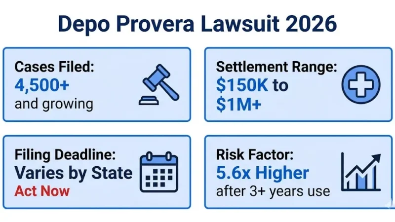 Depo Provera lawsuit 2026 overview showing 4500 cases, $150K to $1M settlements, deadlines