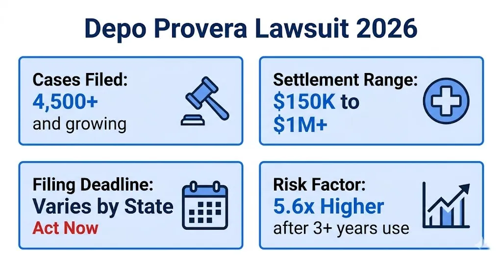 Depo Provera lawsuit 2026 overview showing 4500 cases, $150K to $1M settlements, deadlines