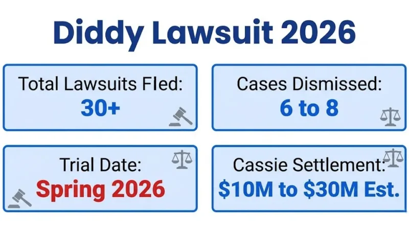 Diddy lawsuit 2026 infographic showing 30+ cases filed and spring trial date