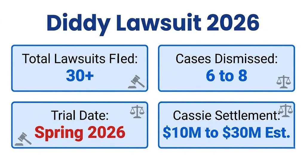 Diddy lawsuit 2026 infographic showing 30+ cases filed and spring trial date