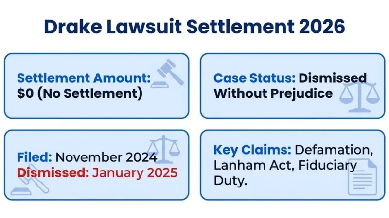 Drake lawsuit 2026 case overview infographic showing dismissal status and key claims