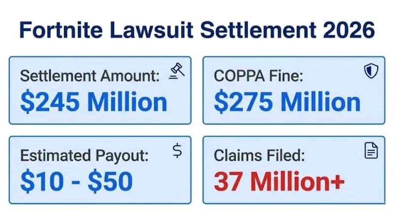 Fortnite lawsuit settlement infographic showing $245M fund and $10 to $50 payouts in 2026