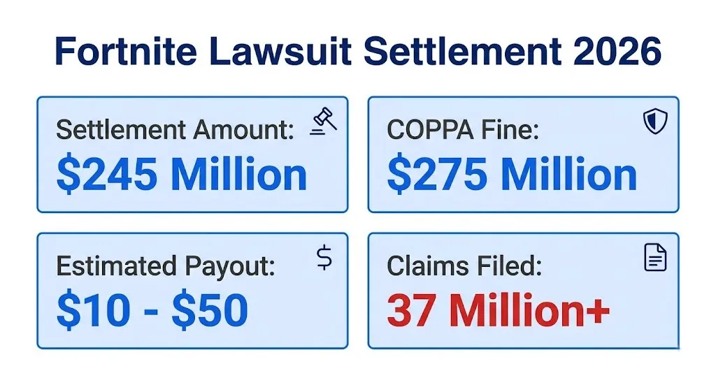 Fortnite lawsuit settlement infographic showing $245M fund and $10 to $50 payouts in 2026