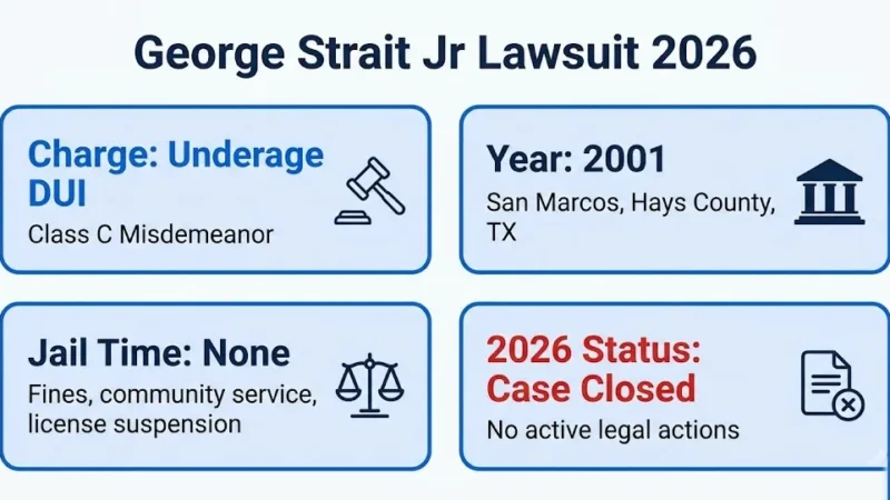George Strait Jr lawsuit 2026 overview infographic with case details and status
