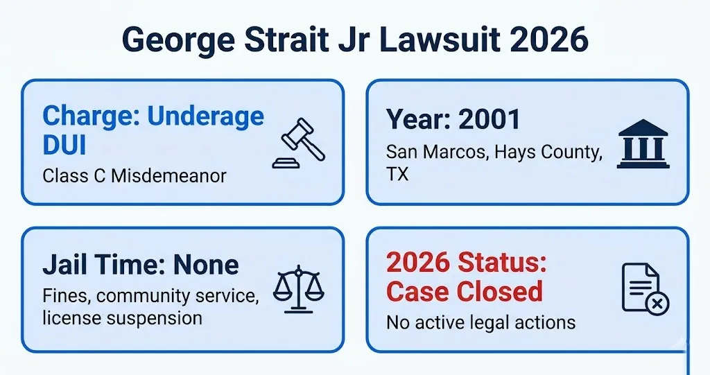 George Strait Jr lawsuit 2026 overview infographic with case details and status